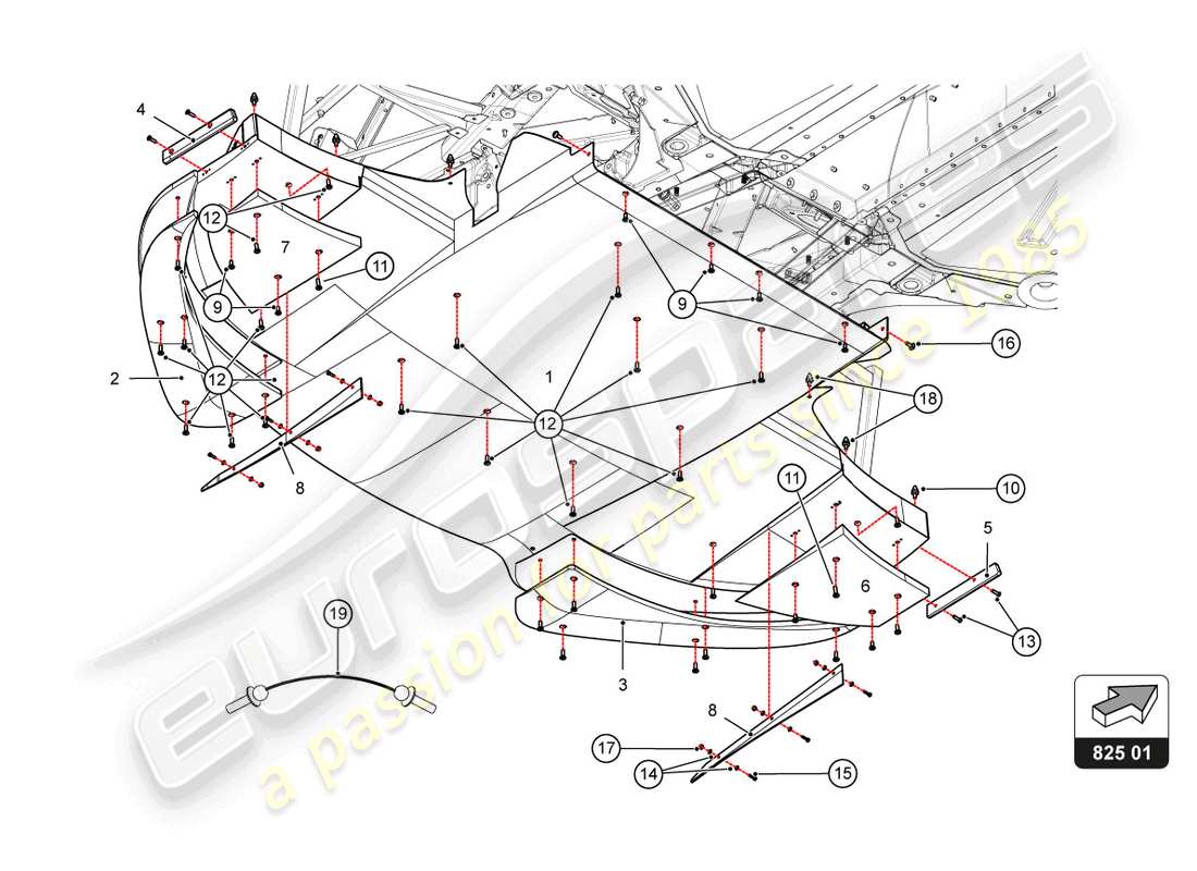 lamborghini super trofeo evo 2 (2022) diagrama de piezas de los paneles de piso del marco