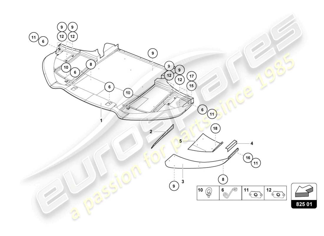 lamborghini 2018 (super trofeo evo) diagrama de piezas de los paneles de piso del marco