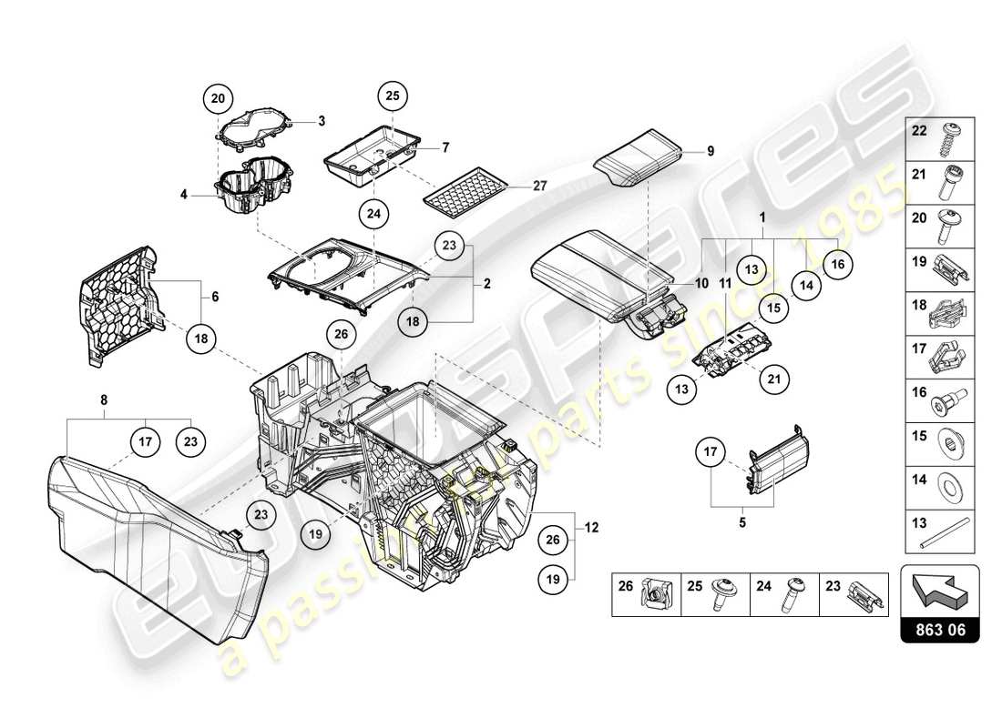 lamborghini urus performante (2023) diagrama de piezas del reposabrazos