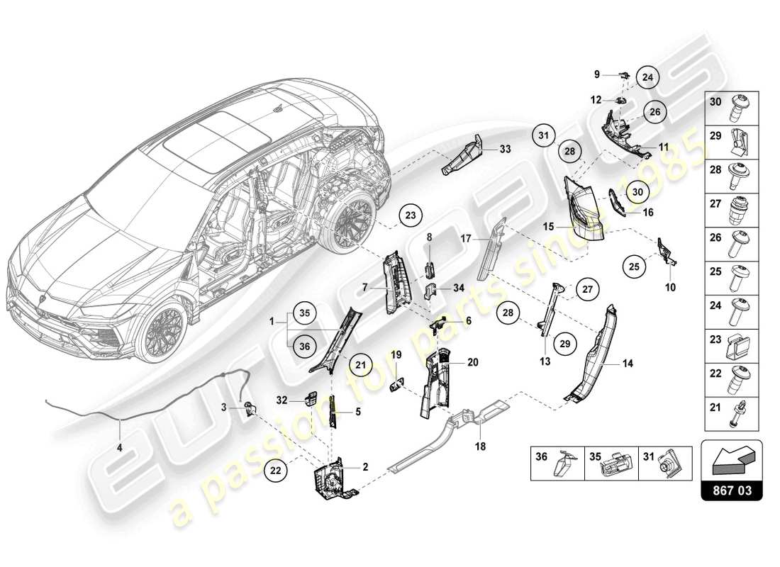 lamborghini urus performante (2023) diagrama de piezas del trim del pilar