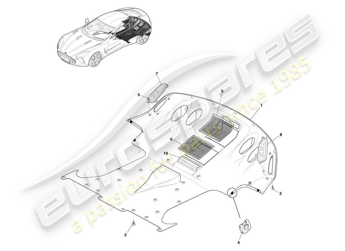 aston martin one-77 (2011) diagrama de piezas del difusor trasero