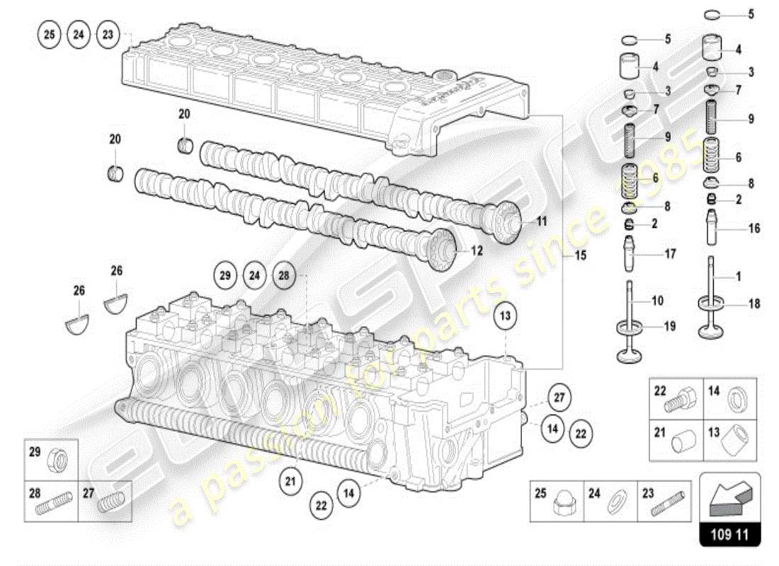 lamborghini diablo vt (1999) árbol de levas de cabeza izquierda diagrama de piezas