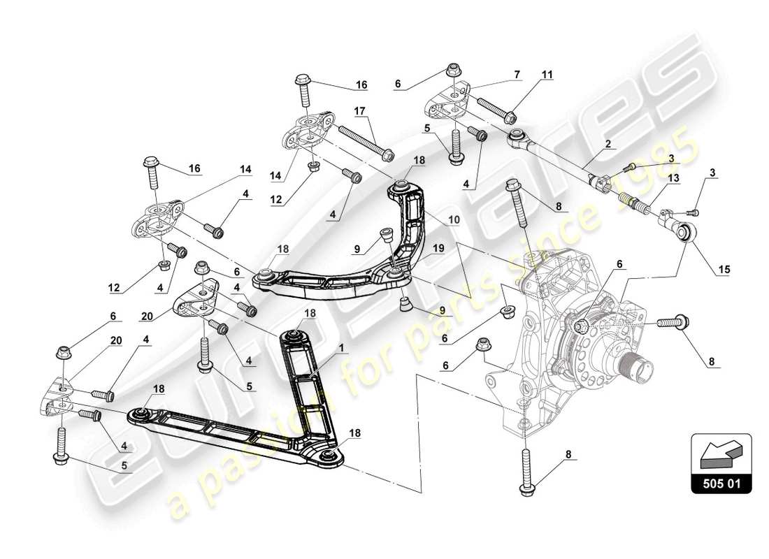 lamborghini gt3 evo (2018) diagrama de piezas de los brazos de suspensión trasera