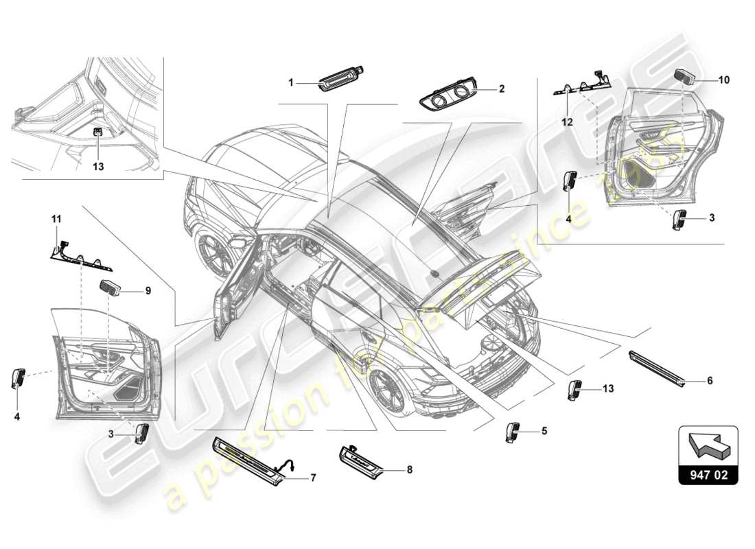 lamborghini urus performante (2023) piezas individuales para luz interior y de lectura esquema de piezas