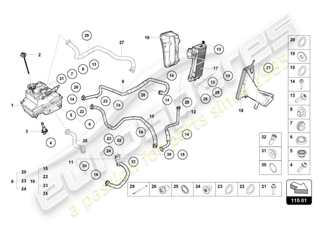 lamborghini tecnica (2023) sistema hidráulico y depósito de líquido con conector. piezas diagrama de piezas