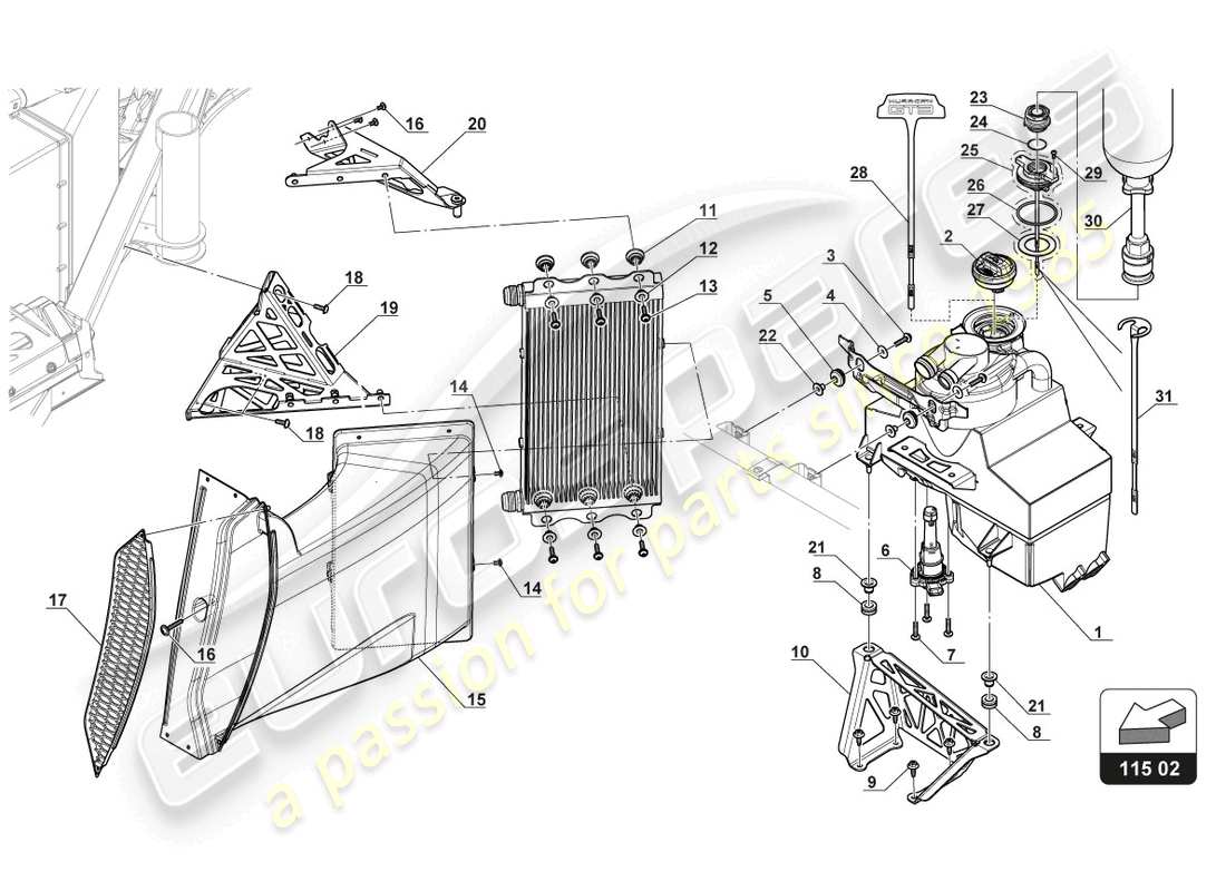 lamborghini gt3 (2017) tanque de aceite - enfriamiento de aceite diagrama de piezas