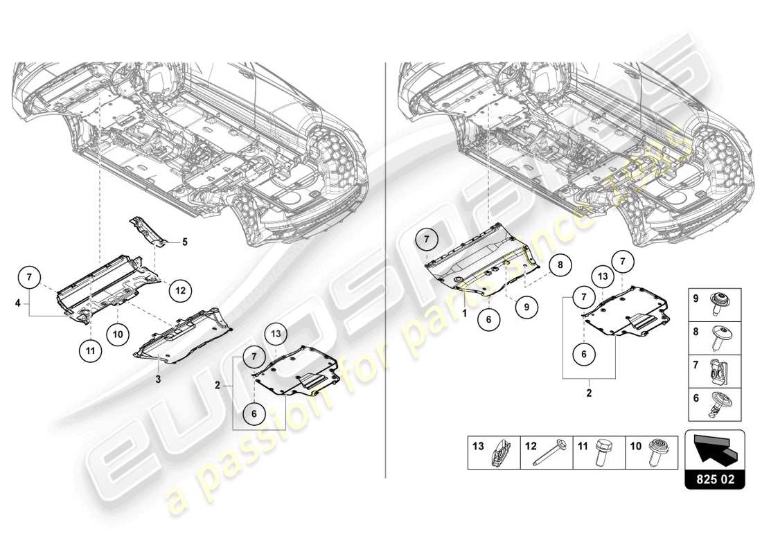 lamborghini urus performante (2023) diagrama de piezas del revestimiento de bajos