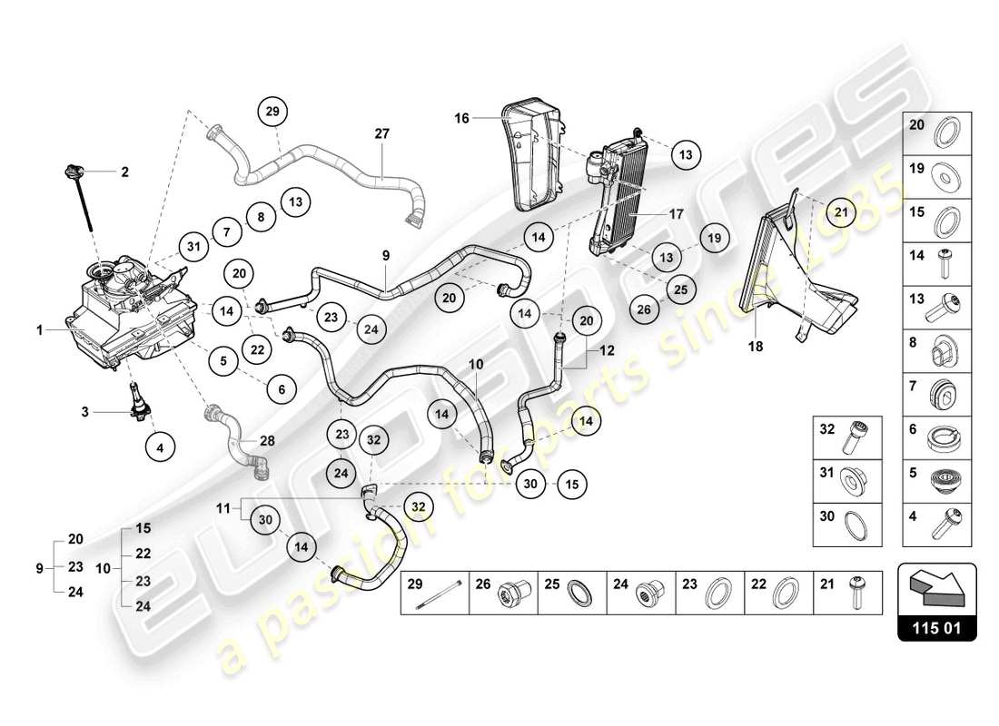 lamborghini evo coupe (2023) sistema hidráulico y depósito de líquido con conector. piezas diagrama de piezas