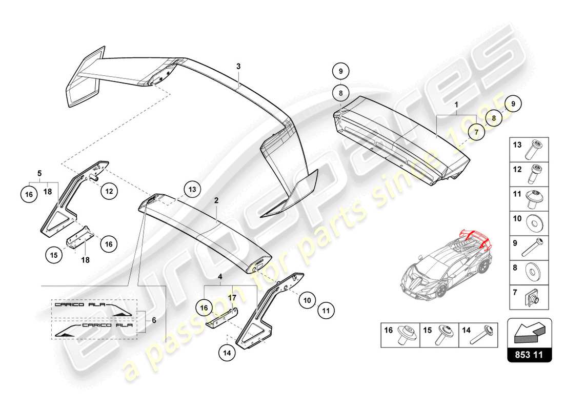 lamborghini sto (2021) diagrama de piezas del spoiler trasero