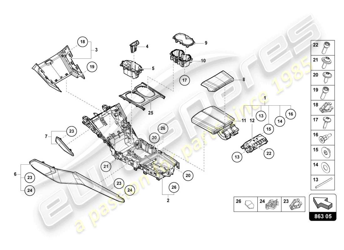 lamborghini urus performante (2023) diagrama de piezas del centro superior del túnel