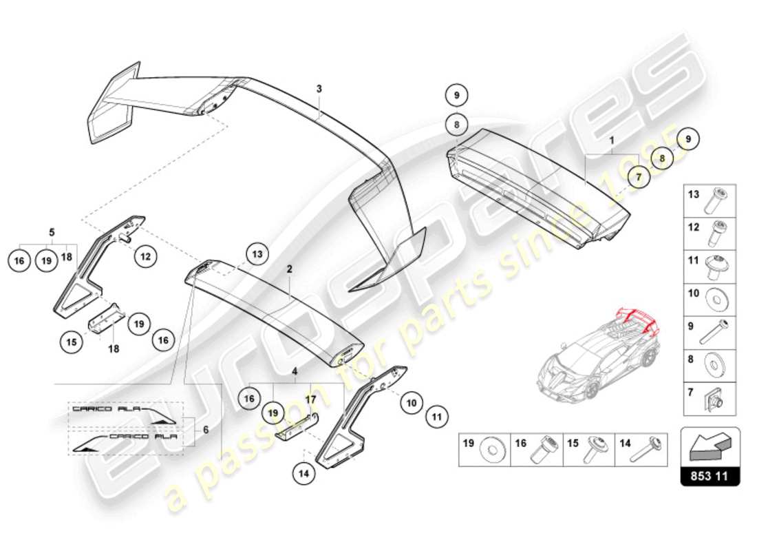 lamborghini sto (2023) diagrama de piezas del spoiler trasero