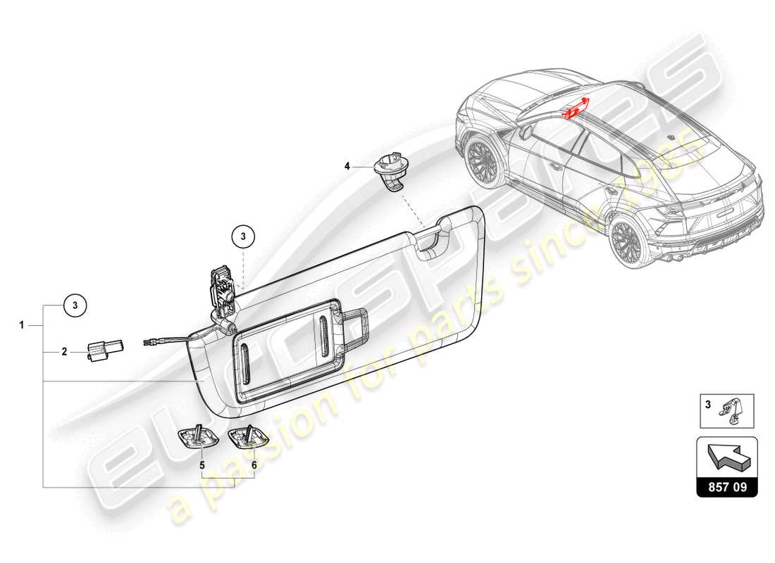 lamborghini urus performante (2023) diagrama de piezas de la visera solar