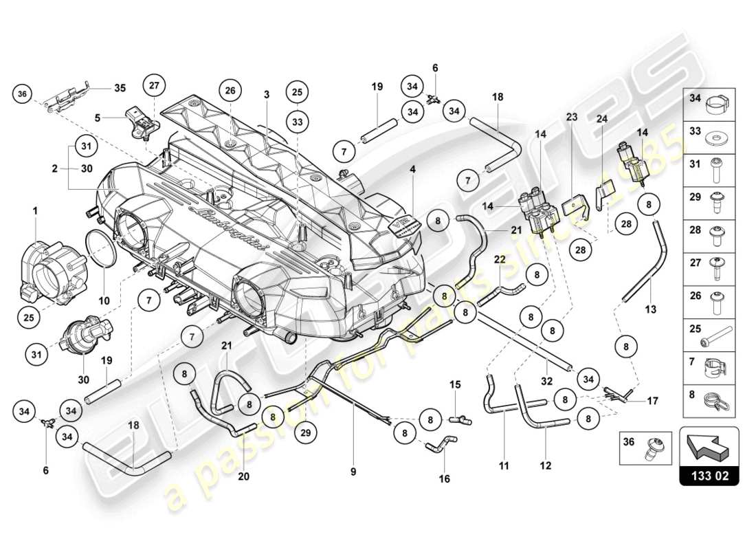 lamborghini 2022 (lp770-4 svj roadster) diagrama de piezas del colector de admisión