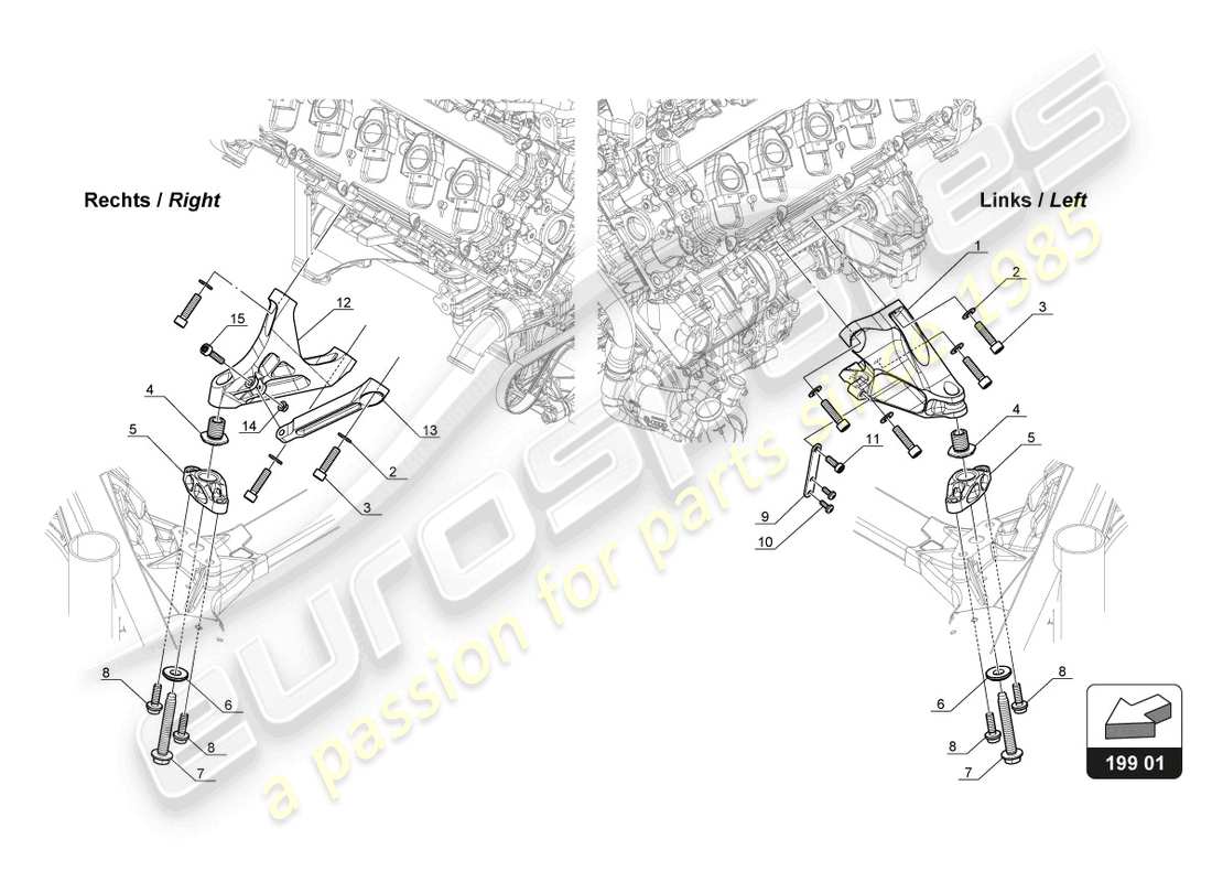 lamborghini gt3 evo (2018) diagrama de piezas de soporte del motor