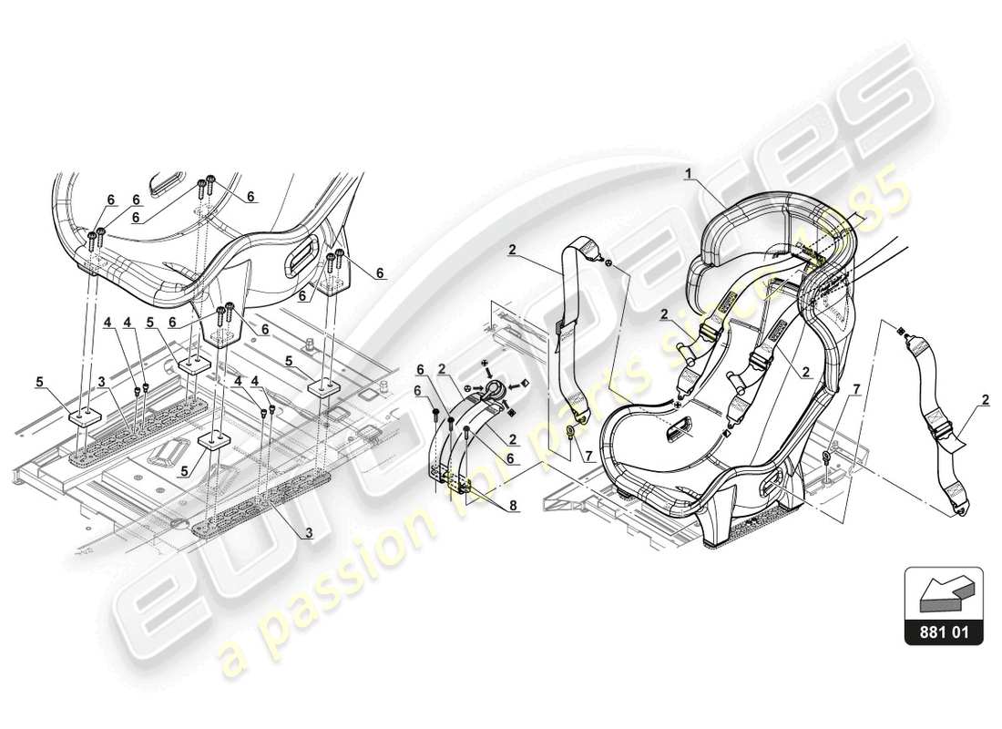 lamborghini gt3 (2017) diagrama de piezas de asiento y cinturón de seguridad