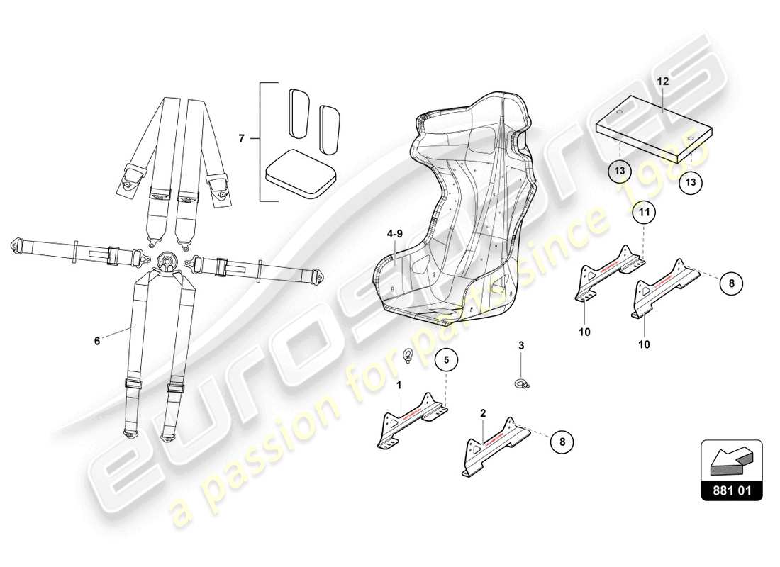 lamborghini 2016 (super trofeo) diagrama de piezas de asientos