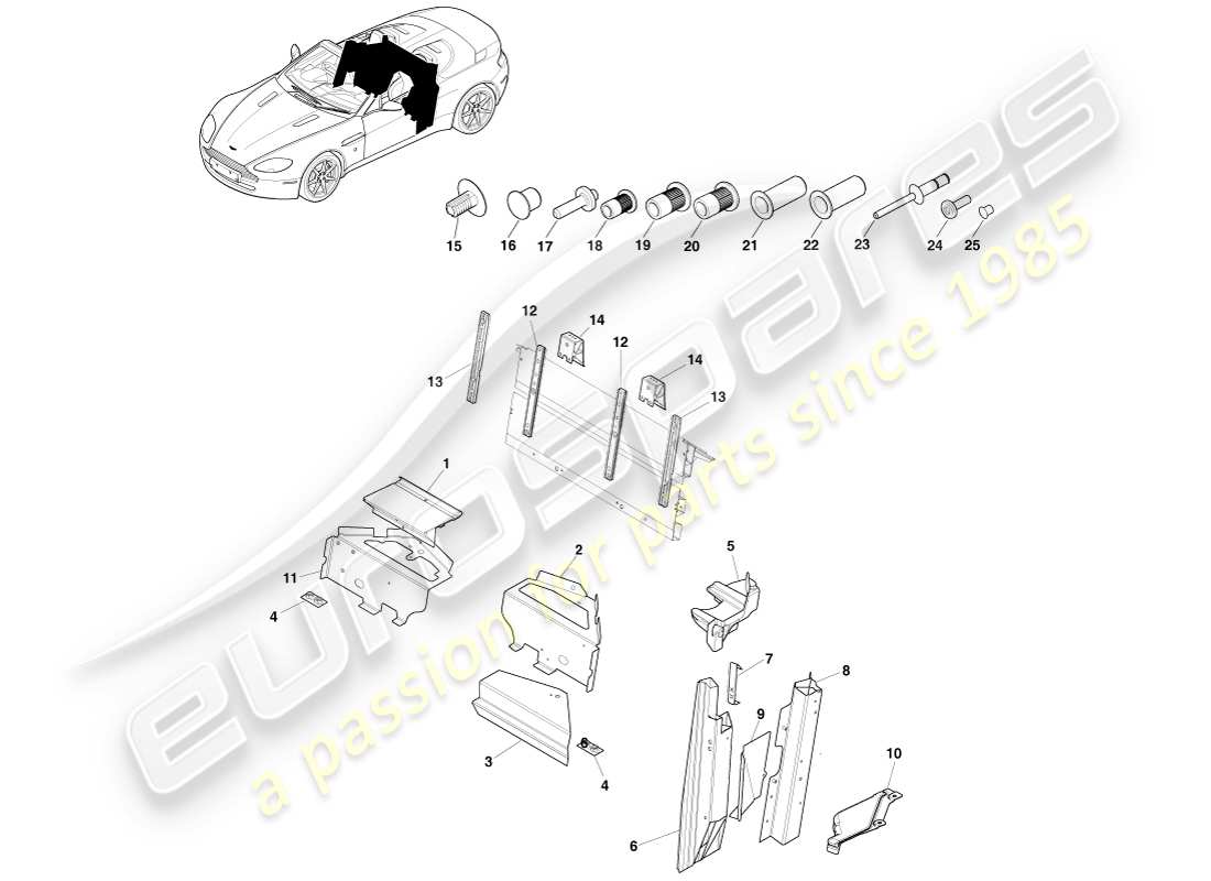 aston martin v8 vantage (2005) diagrama de piezas del roadster, parte trasera de la parte inferior de la carrocería
