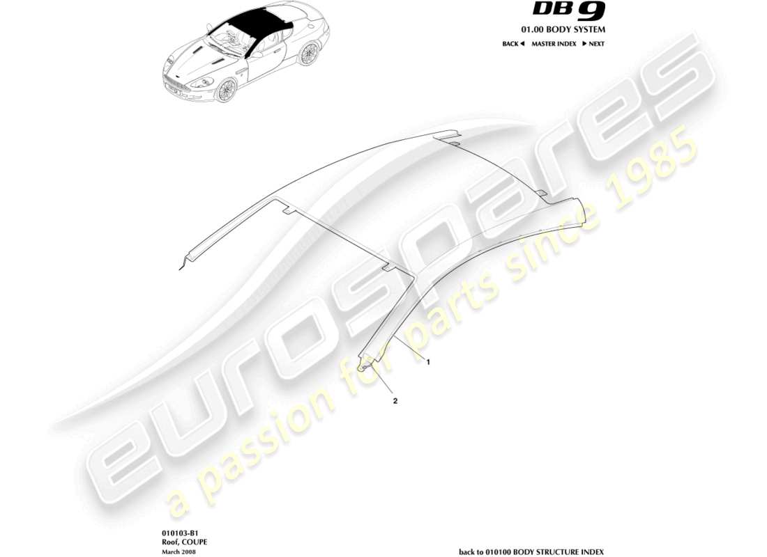 aston martin db9 (2005) techo, diagrama de piezas del cupé