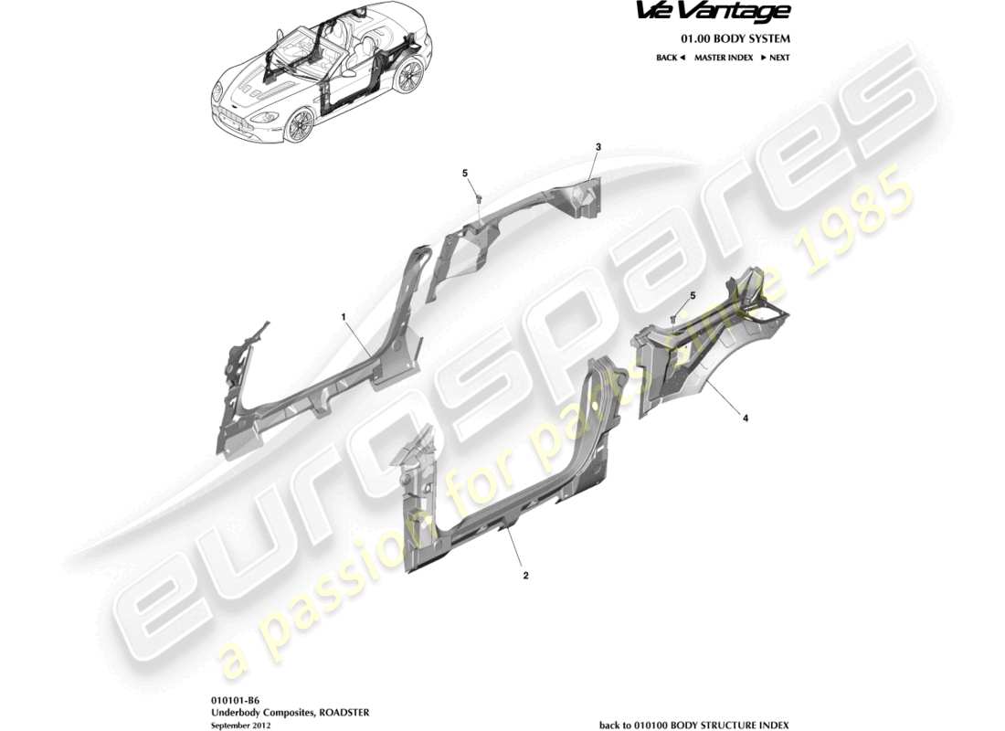 aston martin v12 vantage (2012) compuestos de bajos, diagrama de piezas del roadster