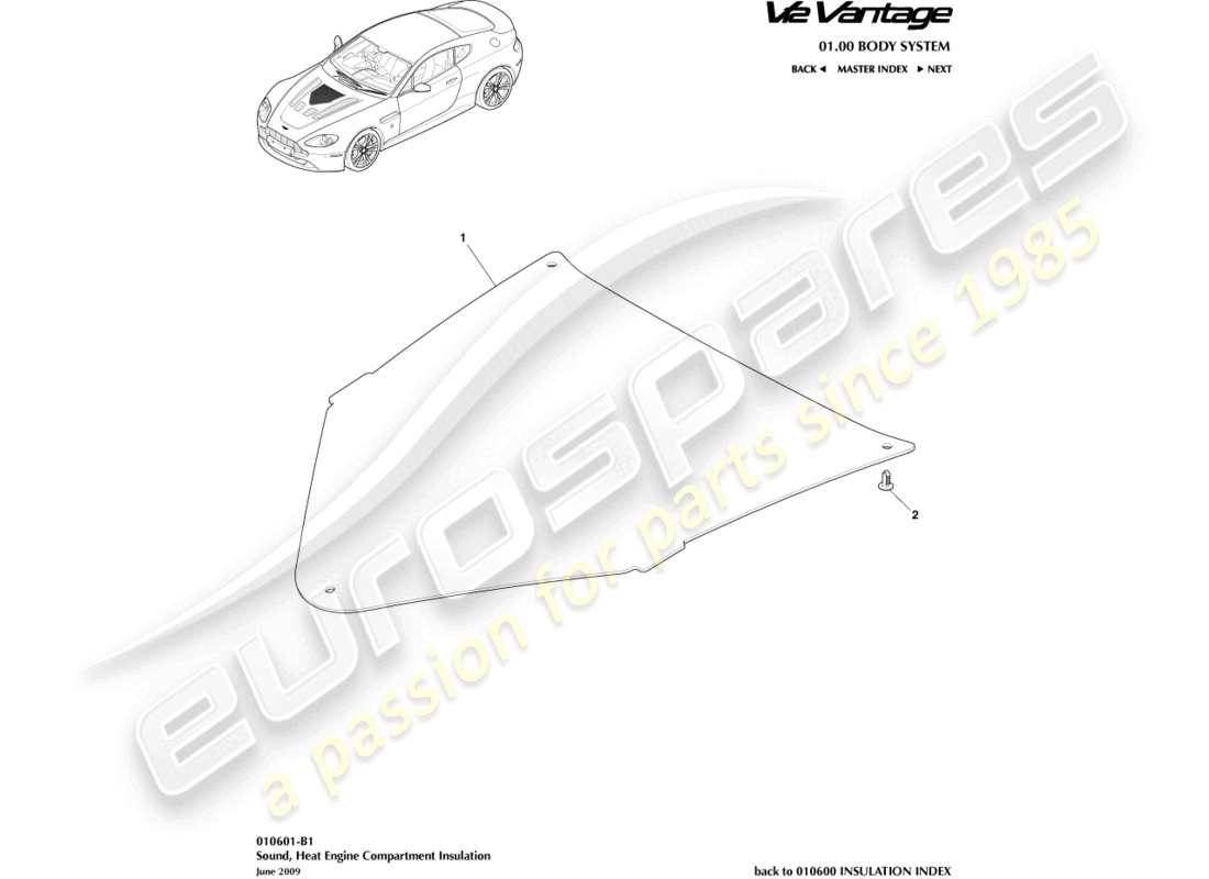 aston martin v12 vantage (2012) aislamiento acústico, diagrama de piezas de compensación del motor