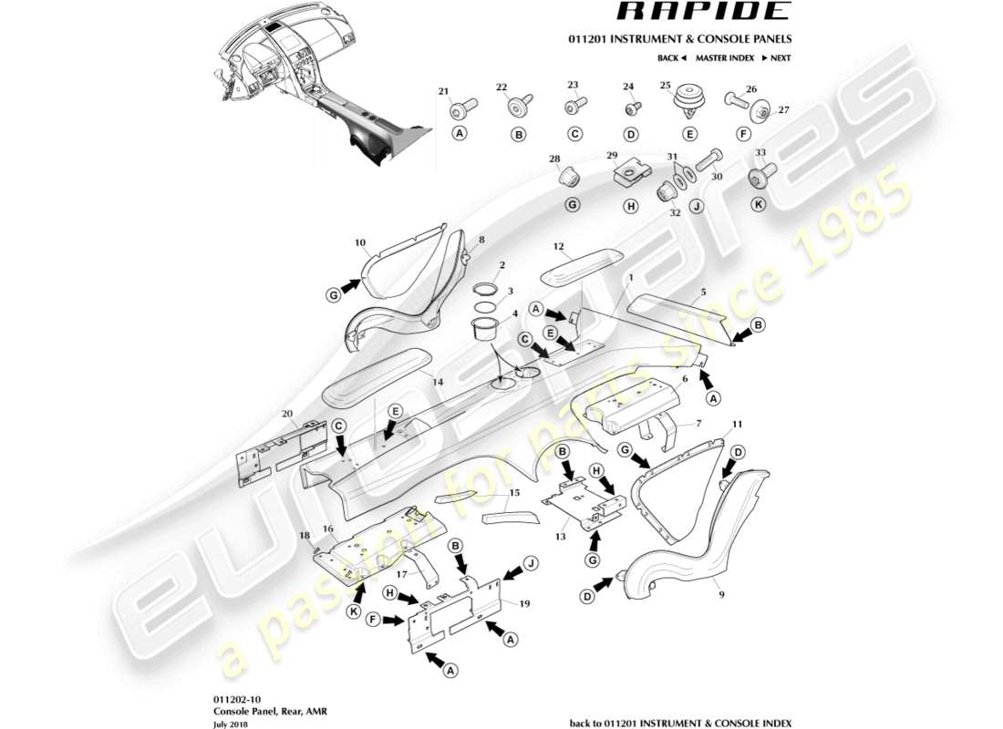 aston martin rapide (2016) consola trasera, amr diagrama de piezas