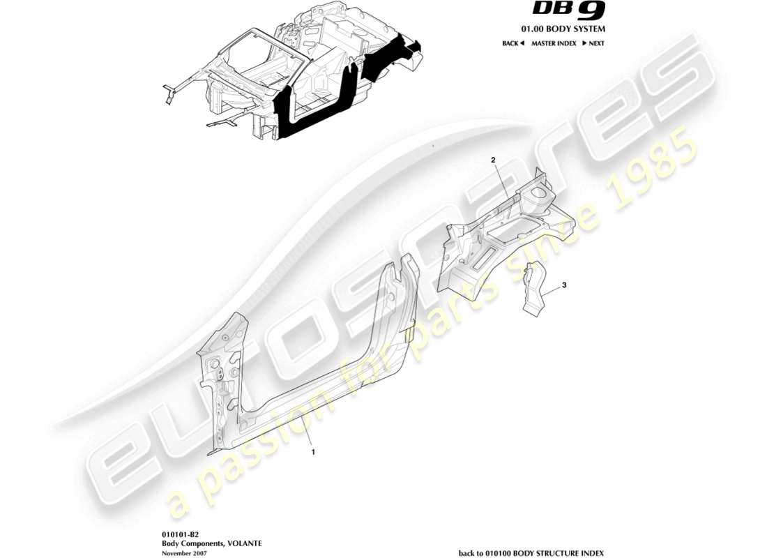 aston martin db9 (2008) componentes de la carrocería, diagrama de piezas de volante