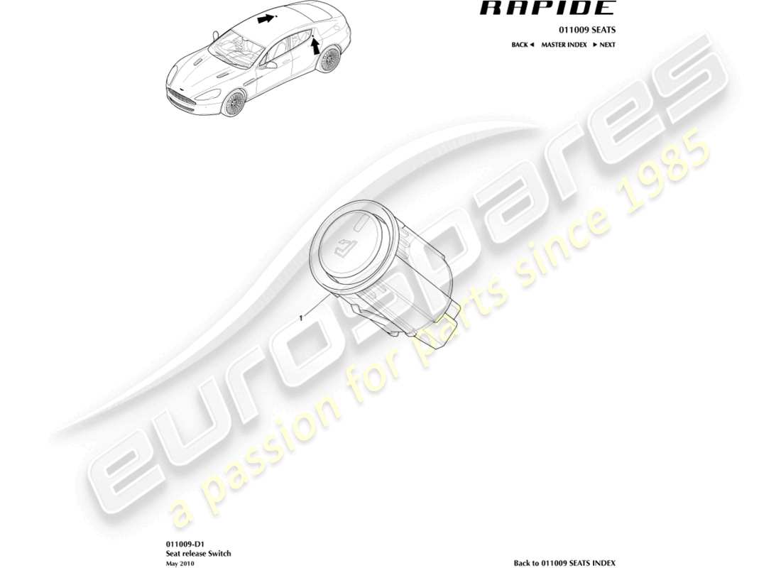aston martin rapide (2010) diagrama de piezas del interruptor de comodidad del asiento