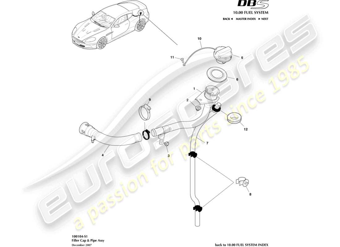 aston martin dbs (2013) tapón y tubo de llenado de combustible, diagrama de piezas del cupé