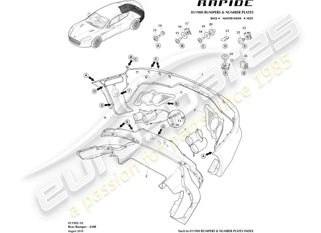 aston martin rapide (2010) parachoques trasero, amr diagrama de piezas