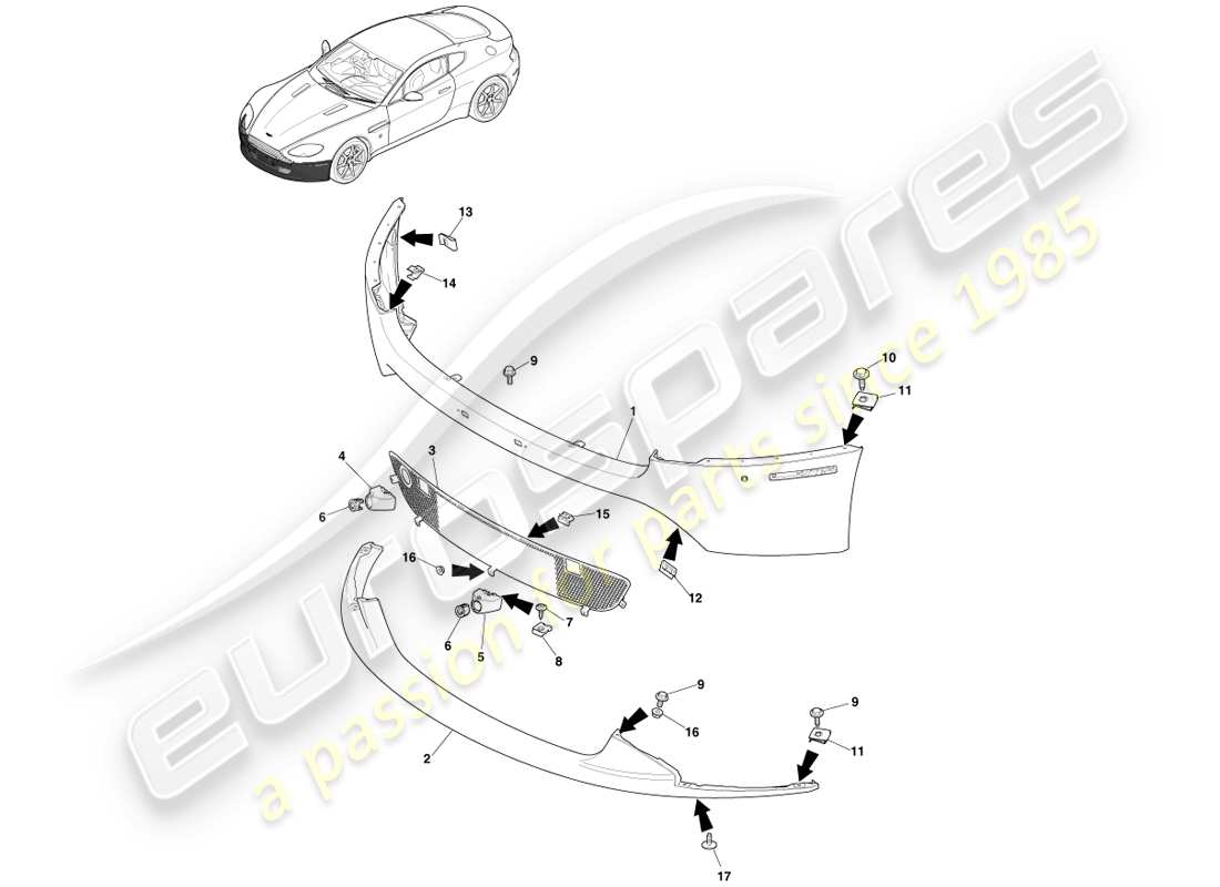 aston martin v8 vantage (2007) parachoques delantero, 12.25my en y v8s diagrama de piezas