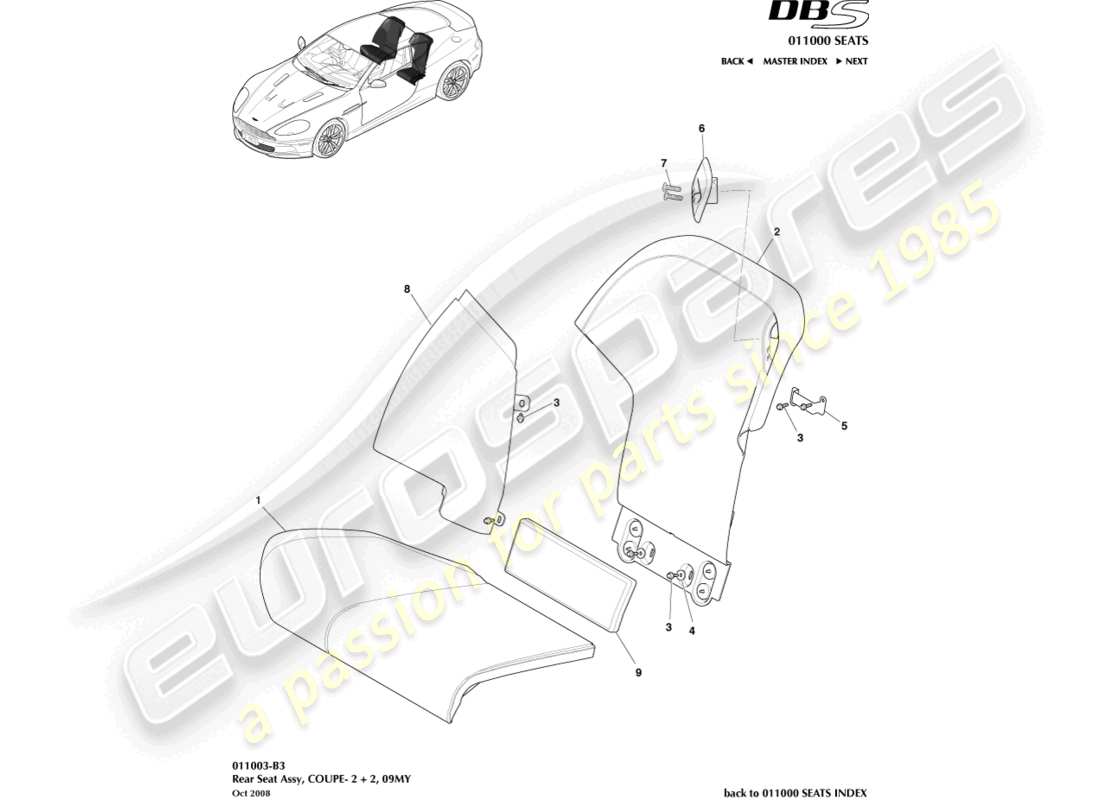aston martin dbs (2014) asiento trasero, 2+2 cupé diagrama de piezas