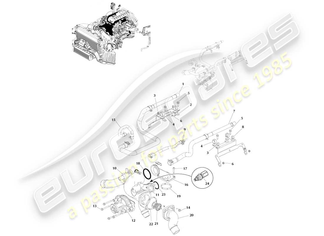 aston martin v8 vantage (2005) diagrama de piezas de refrigeración del motor