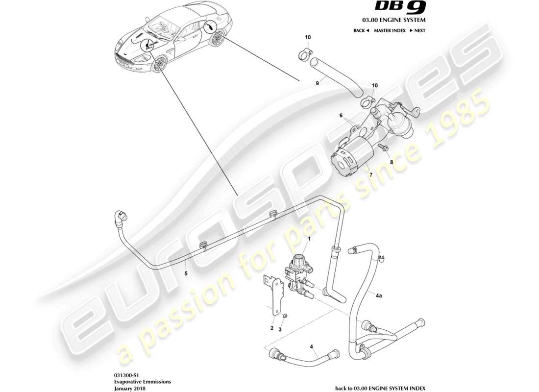 aston martin db9 (2005) emisiones evaporativas diagrama de piezas