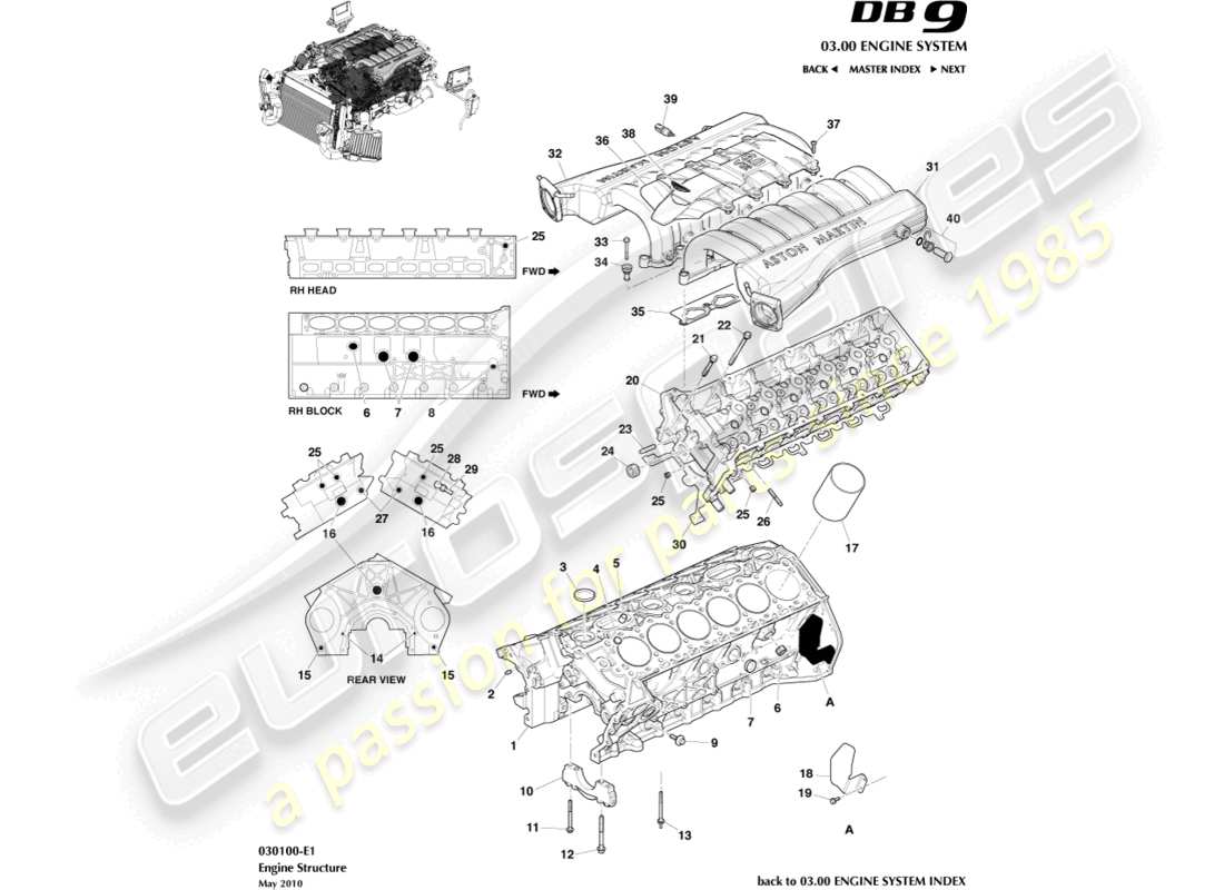 aston martin db9 (2005) diagrama de piezas de la estructura del motor