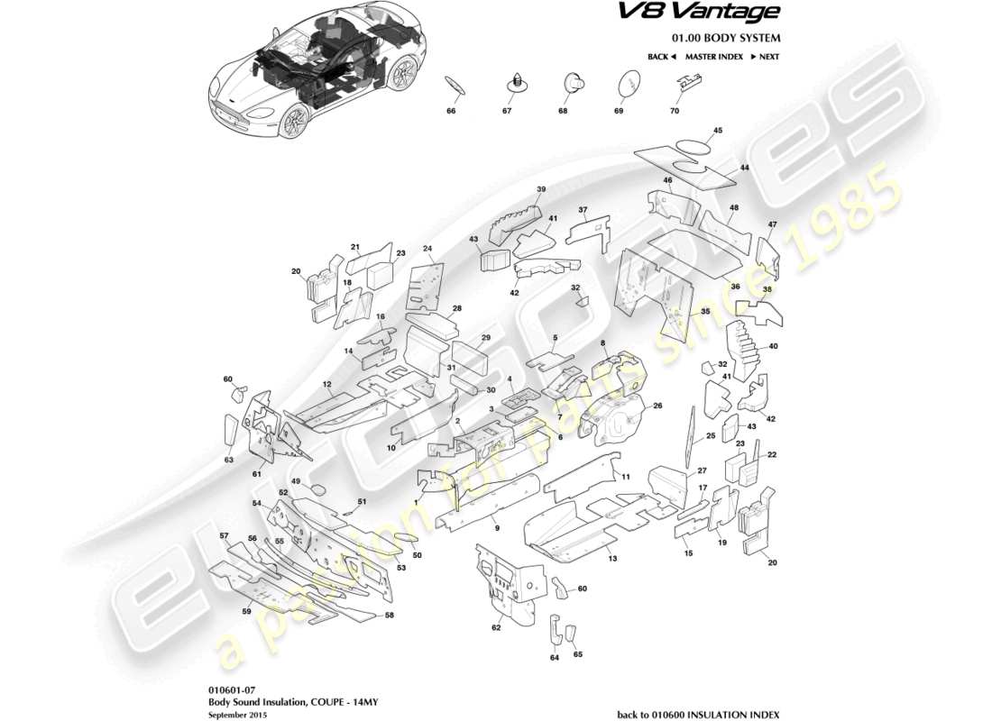 aston martin v8 vantage (2018) aislamiento de carrocería, cupé, diagrama de pieza 14my