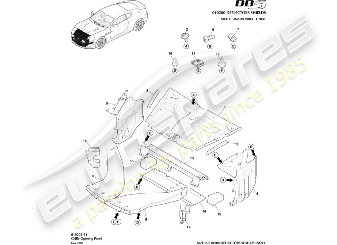 aston martin dbs (2011) panel de apertura de rejilla diagrama de piezas