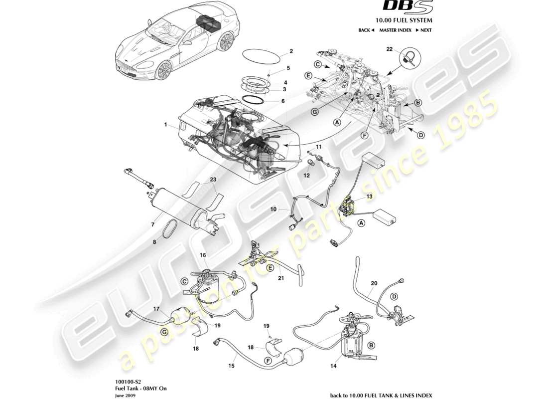 aston martin dbs (2013) conjunto del tanque de combustible, 08my en diagrama de piezas