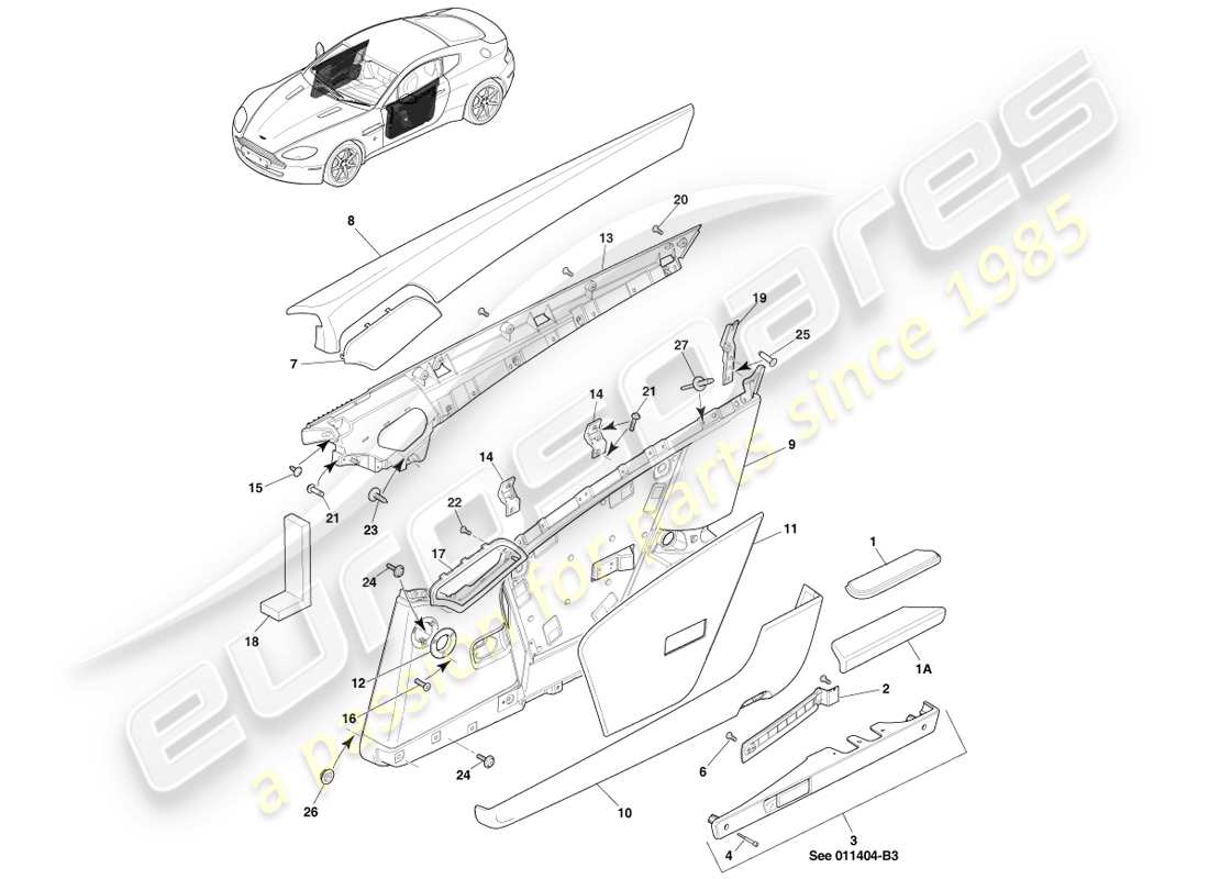 aston martin v8 vantage (2005) diagrama de piezas de molduras de puertas