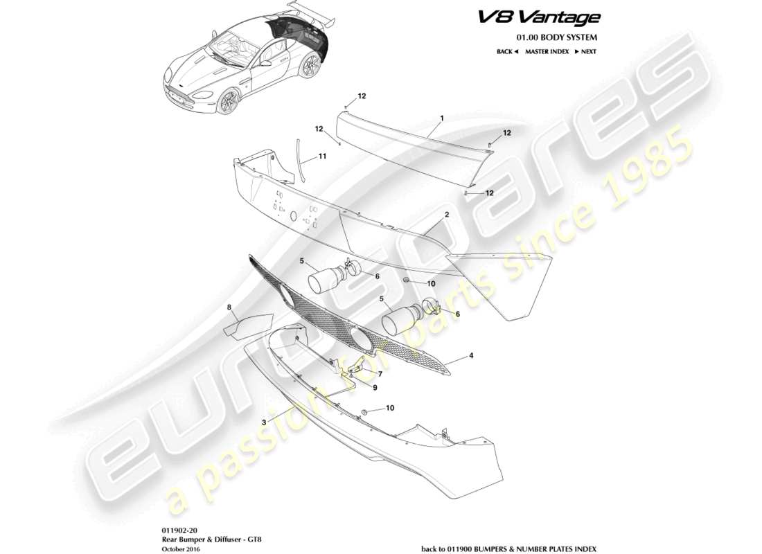 aston martin v8 vantage (2012) parachoques trasero, diagrama de pieza gt8