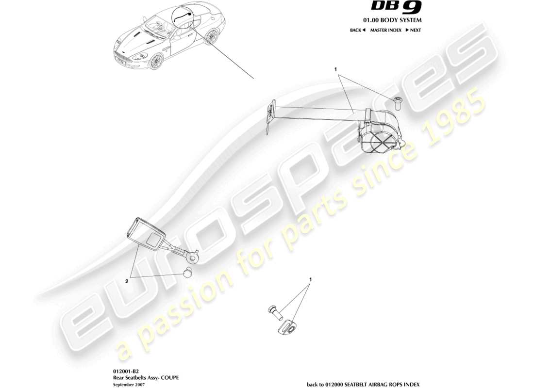 aston martin db9 (2010) cinturones de seguridad traseros, diagrama de piezas del cupé