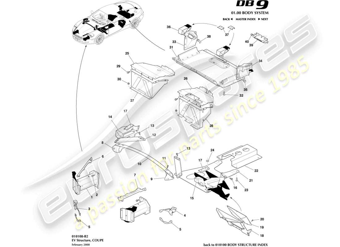 aston martin db9 (2004) estructura ev, coupé diagrama de piezas