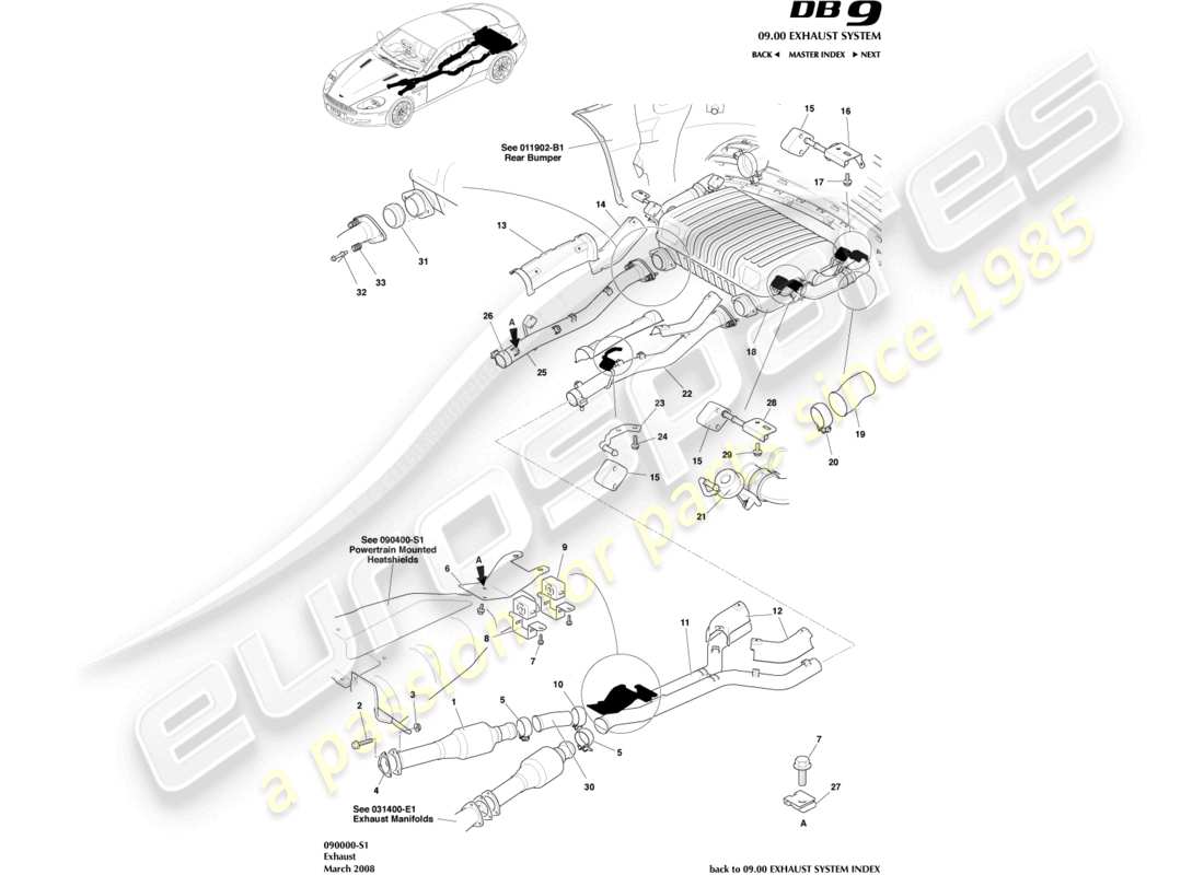 aston martin db9 (2004) sistema de escape diagrama de piezas
