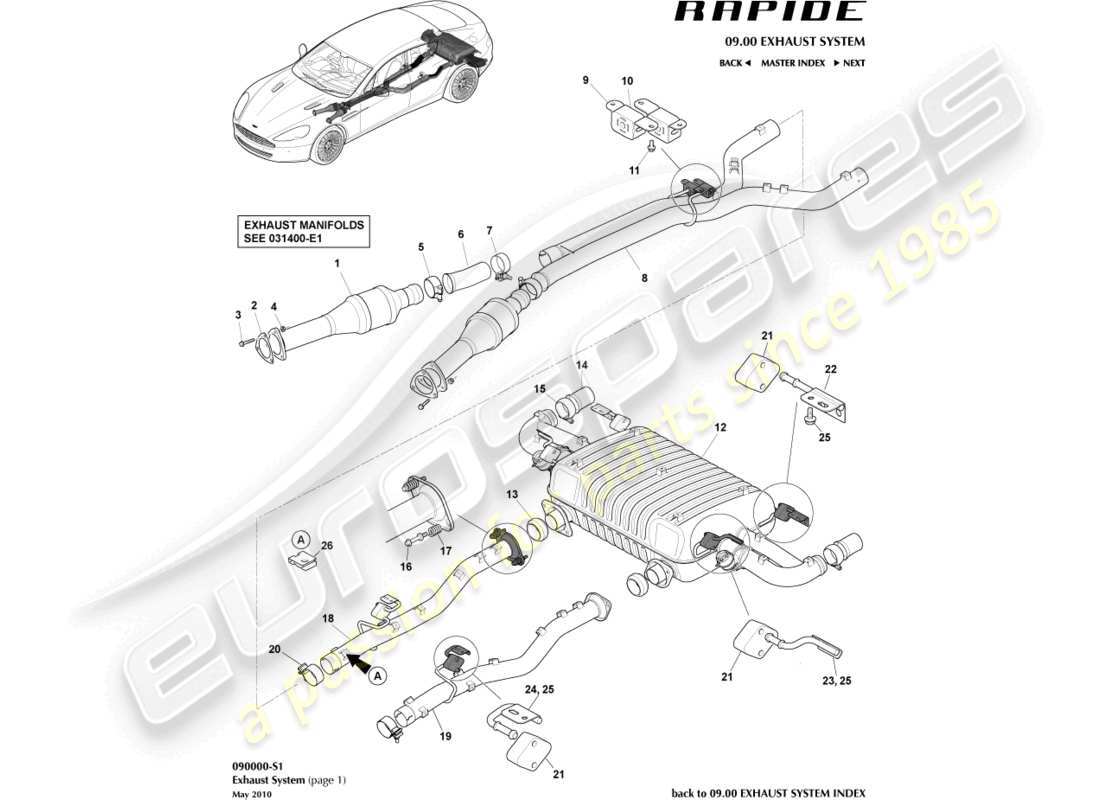 aston martin rapide (2010) exhaust system diagrama de piezas