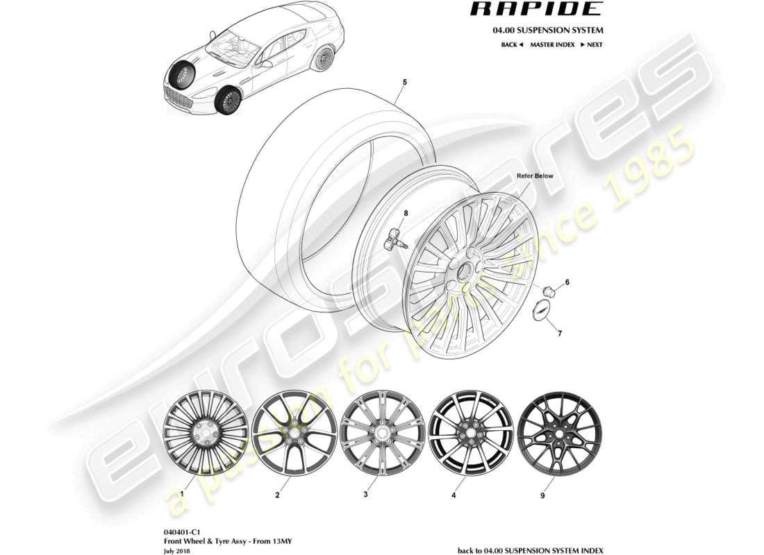 aston martin rapide (2016) ruedas y neumáticos delanteros de 13my diagrama de piezas