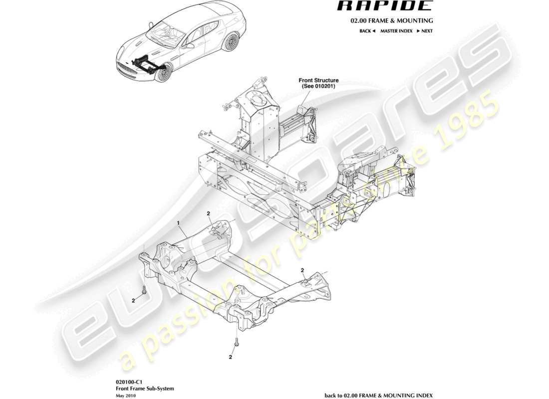 aston martin rapide (2010) subchasis delantero diagrama de piezas