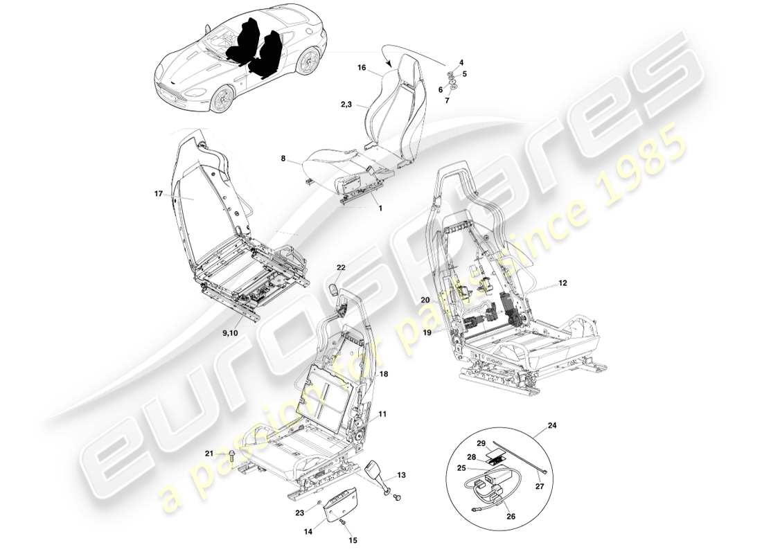 aston martin v8 vantage (2007) diagrama de piezas del asiento delantero