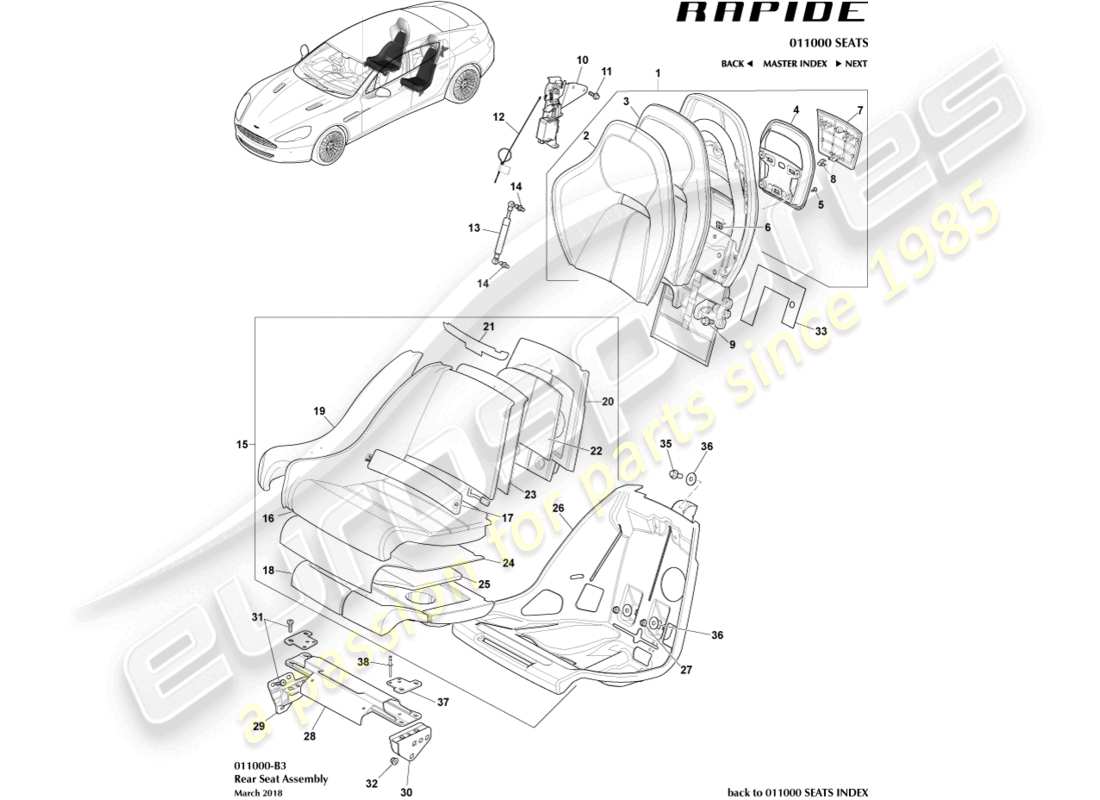 aston martin rapide (2010) asientos traseros diagrama de piezas