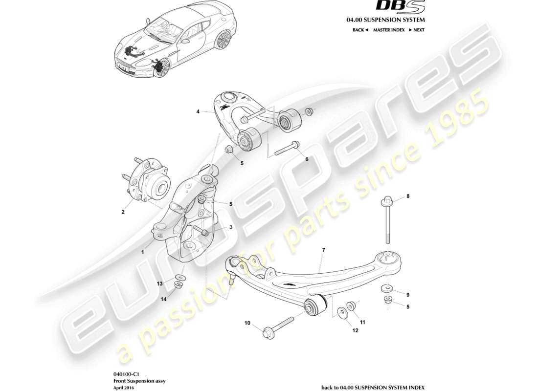 aston martin dbs (2014) conjunto de suspensión delantera diagrama de piezas