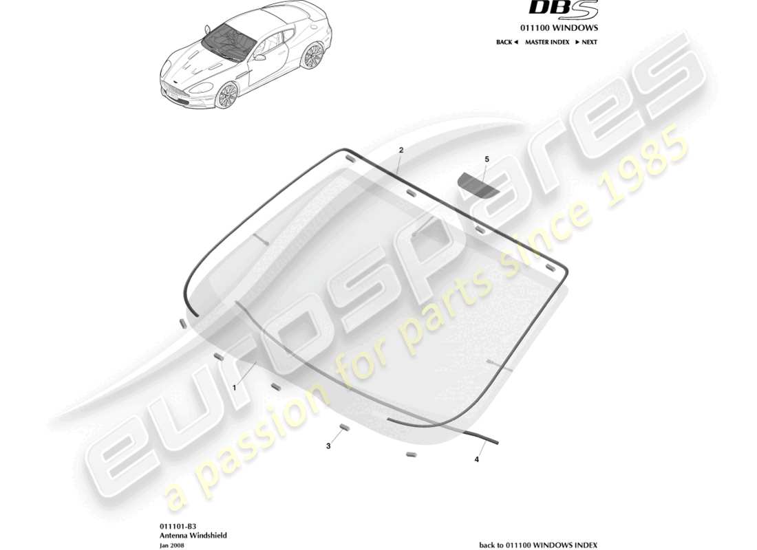 aston martin dbs (2008) parabrisas diagrama de piezas