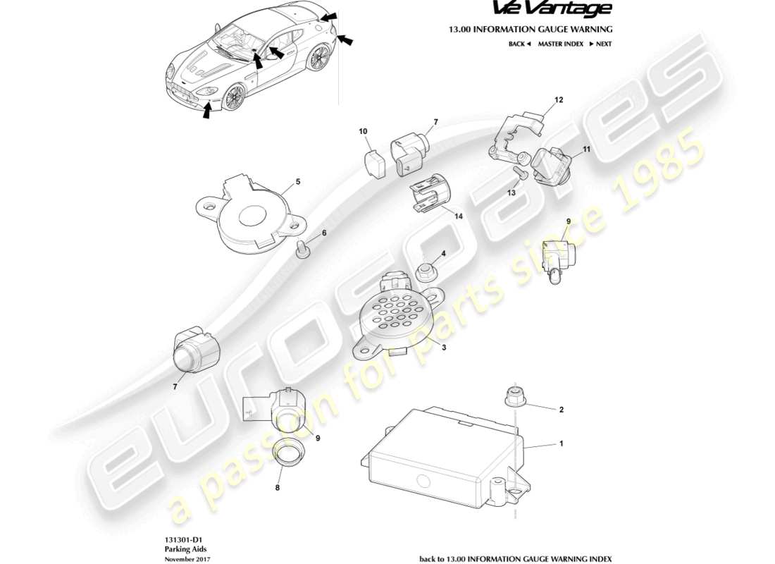 aston martin v12 vantage (2010) diagrama de piezas de los sensores de ayuda al estacionamiento